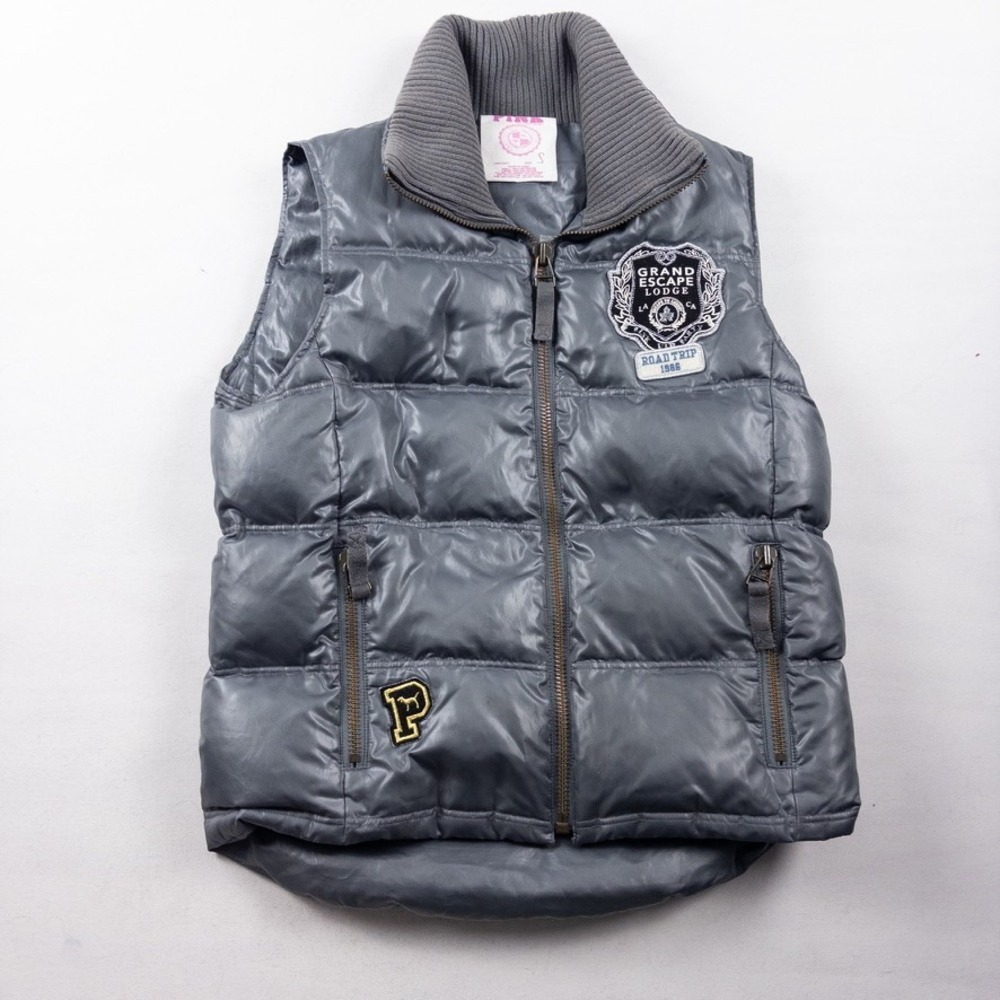 Pink Victoria's Secret Puffer Vest Women Small Grey Metallic Road Trip Patches